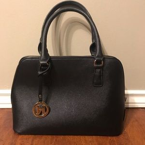 Black fake leather purse with gold accents